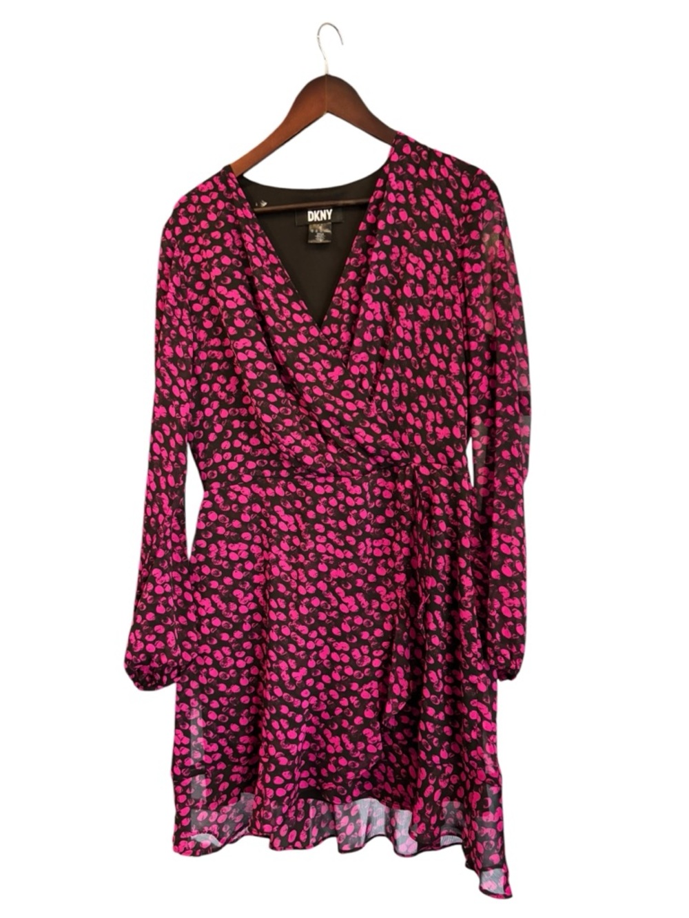 DKNY Black and Fuchsia Floral Long Sleeve Wrap Dress